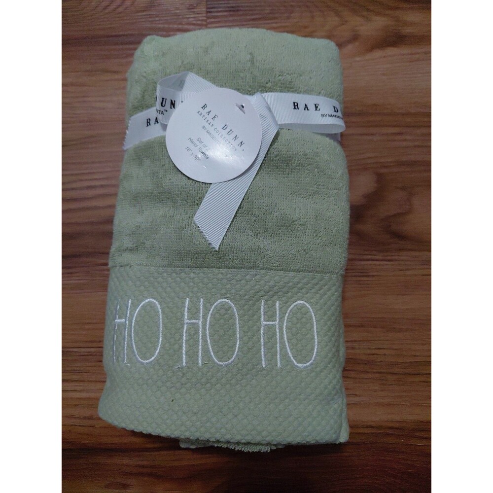 Rae Dunn Christmas Ho Ho Ho Light Green Embroidered Cotton Hand Towels 2 Pack